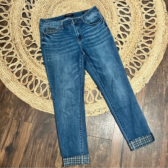 Judy Blue Denim - Judy Blue Jeans Womens 1/30 Plaid Print Cuff Slim Fit Medium Blue Stretch Denim